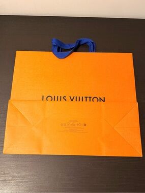 Louis Vuitton 15.5”x13.5”x6”Orange Paper Bag with Blue Handles and Black Logo